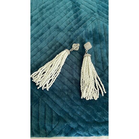 BCBG MaxAzria dangle white Seed beaded Tassel earrings with silver/cz . NWOT - Picture 13 of 15